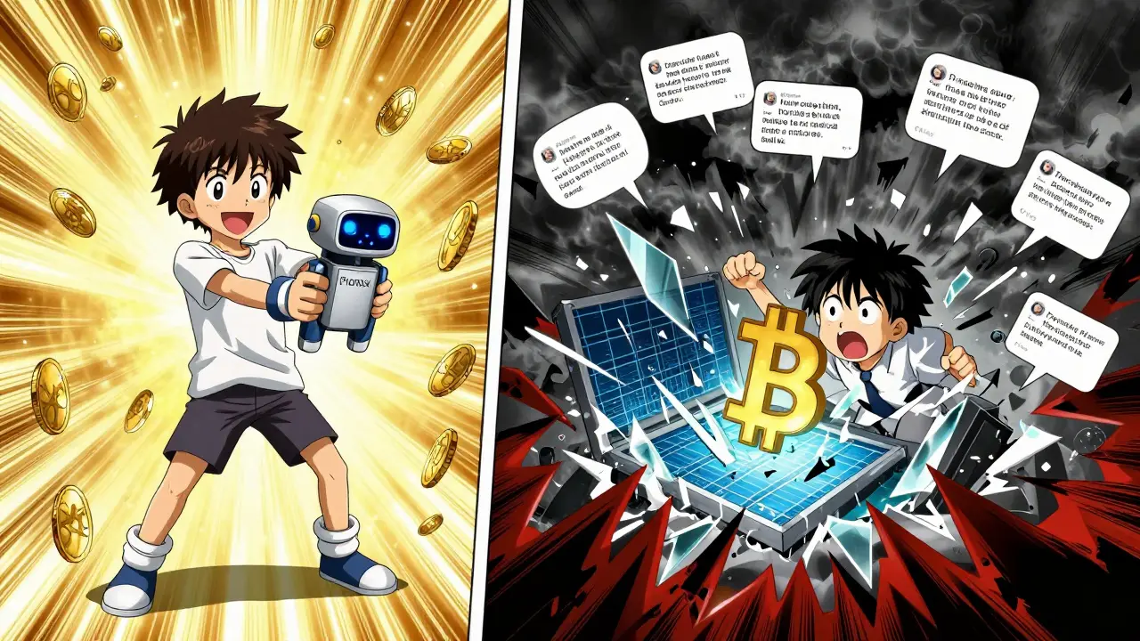 Scène divisée : débutant heureux avec des pièces d'or vs même personne en panique face à un krach Bitcoin.