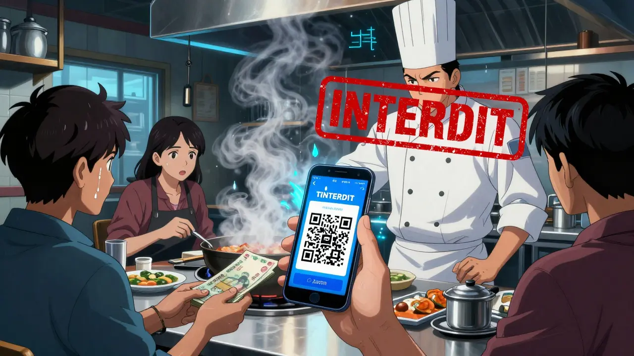 Un chef dans un restaurant à Bangalore hésitant entre paiement en roupie et crypto avec un sceau interdit.