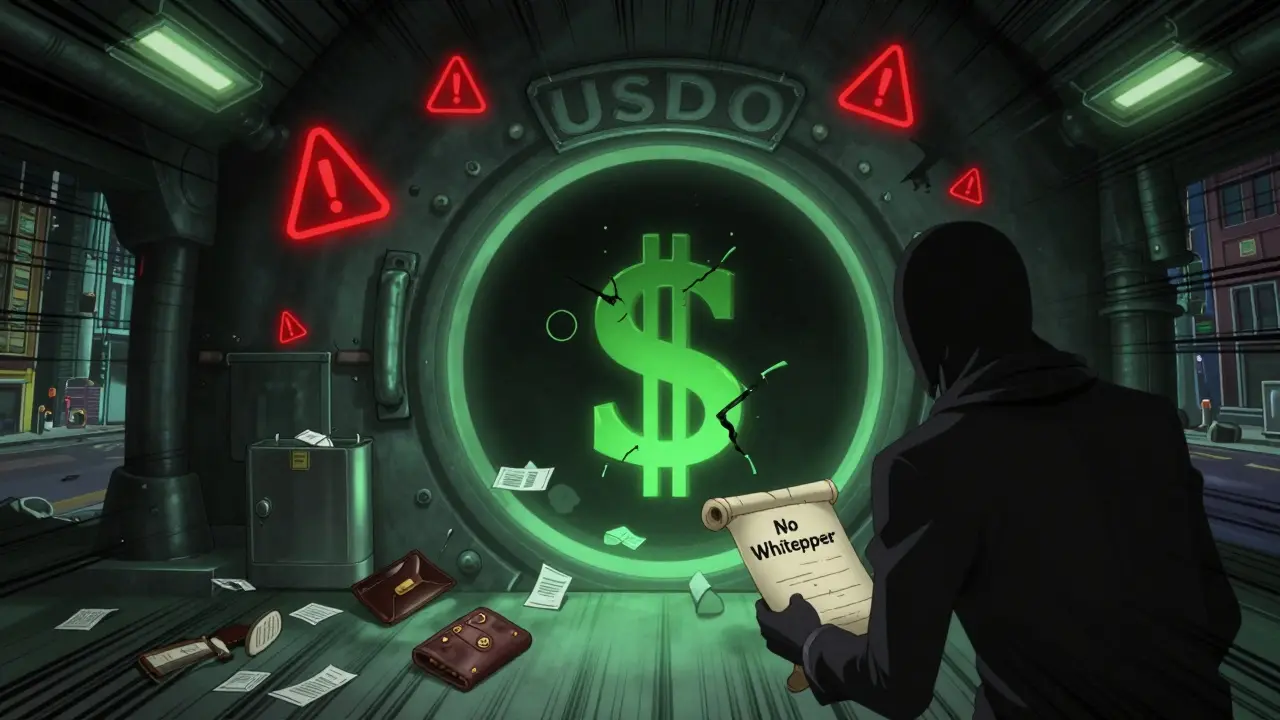 Un coffre vide marqué 'USDO' entouré de contrats brisés et d'ombres sans visage.