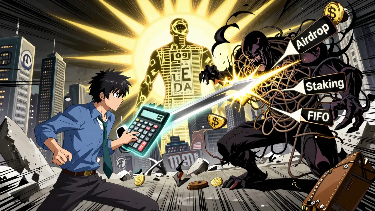 Un comptable anime combat un monstre de transactions DeFi avec une épée calculatrice, sous un formulaire 1099-DA lumineux.