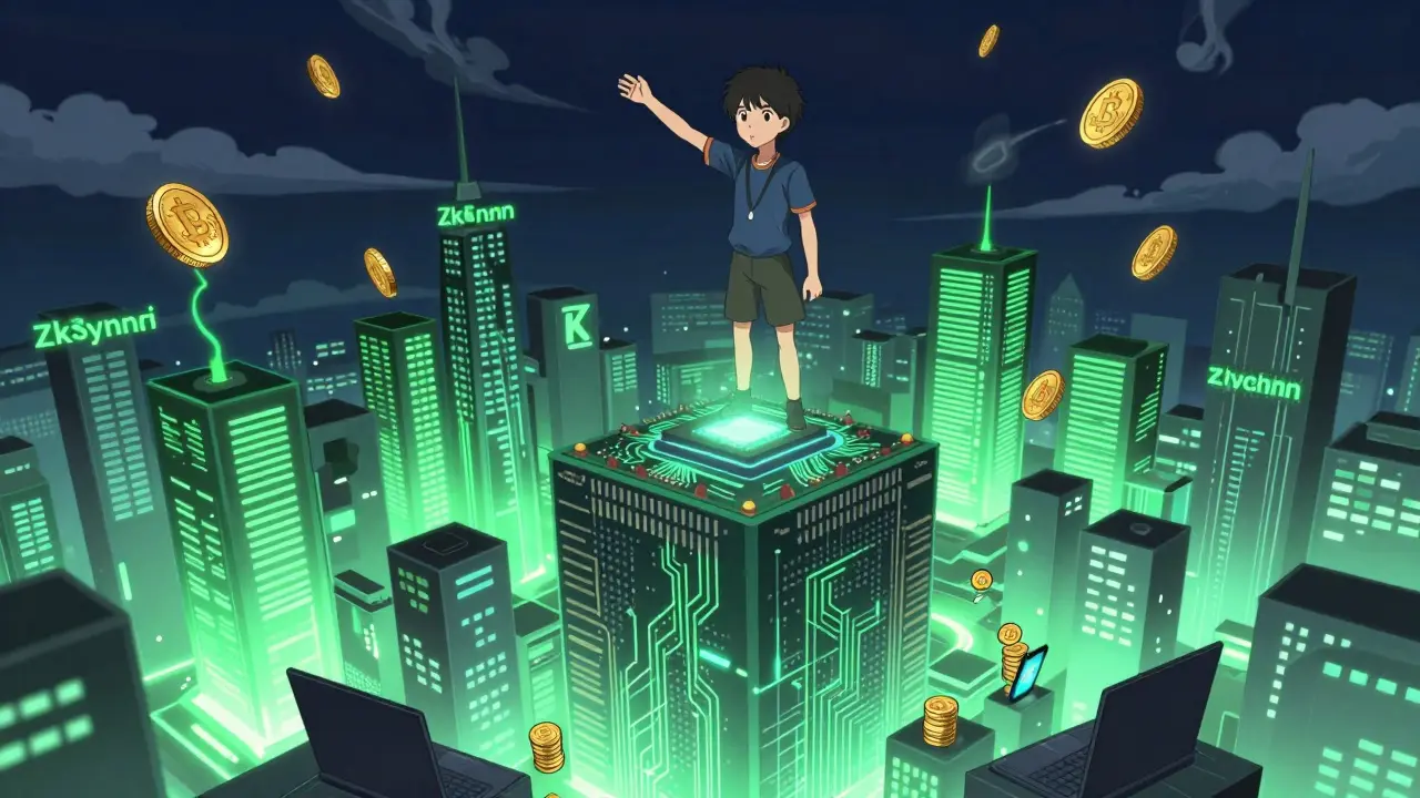 Un développeur sur un ASIC ZK géant regarde une ville blockchain, tandis que des téléphones éteints reposent en bas, symbole du coût computationnel.