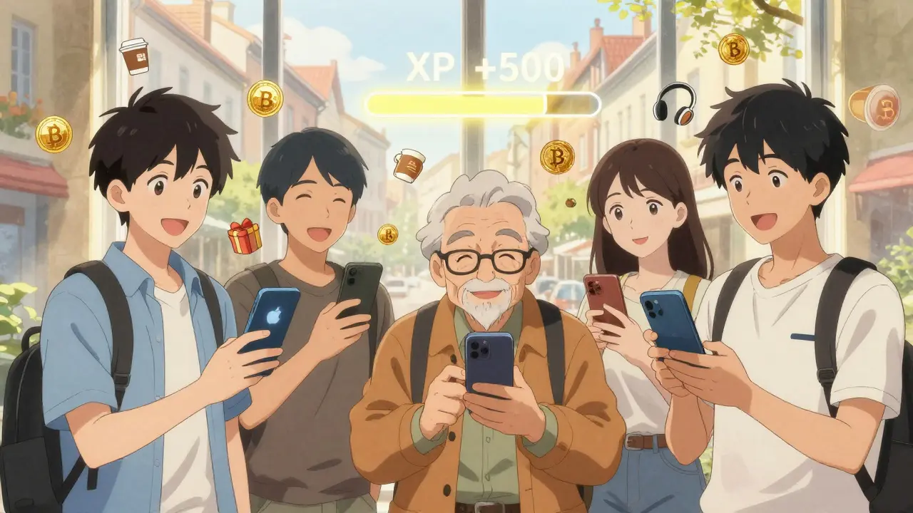 Un groupe de débutants achetant des crypto avec leur téléphone, des récompenses BTEX se transforment en cadeaux.