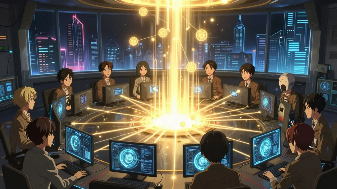 Un groupe de développeurs dans un repaire souterrain, connectant leurs GPU pour allumer un réseau décentralisé en croissance.