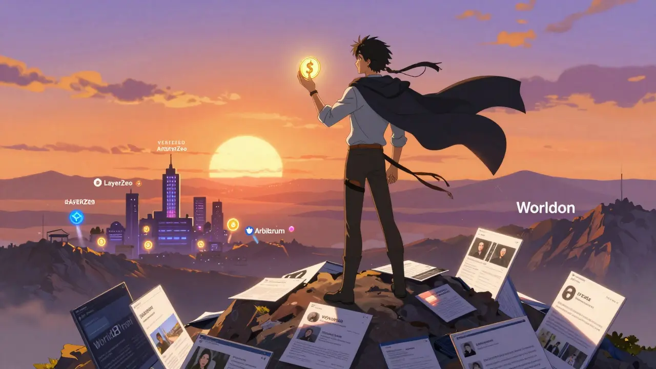 Un héros tenant un jeton $HERO au sommet d'une montagne de scams, avec des projets vérifiés en arrière-plan.