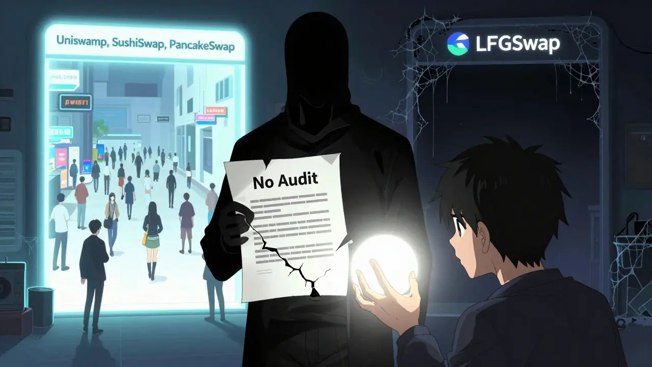 Un héros tend la main vers une bourse DeFi lumineuse, tandis qu'un portail sombre et abandonné se fissure derrière lui.