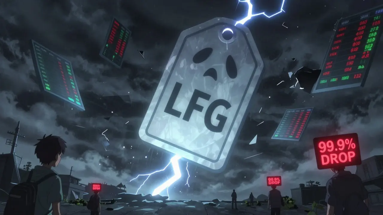 Un jeton LFG en chute libre à travers un ciel orageux, entouré de graphiques brisés.
