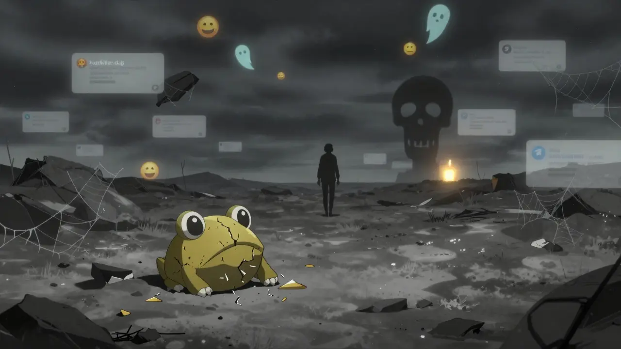 Un jeton $TOAD brisé dans un paysage numérique désolé, avec des fantômes de bots et un site web vacillant à l'horizon.