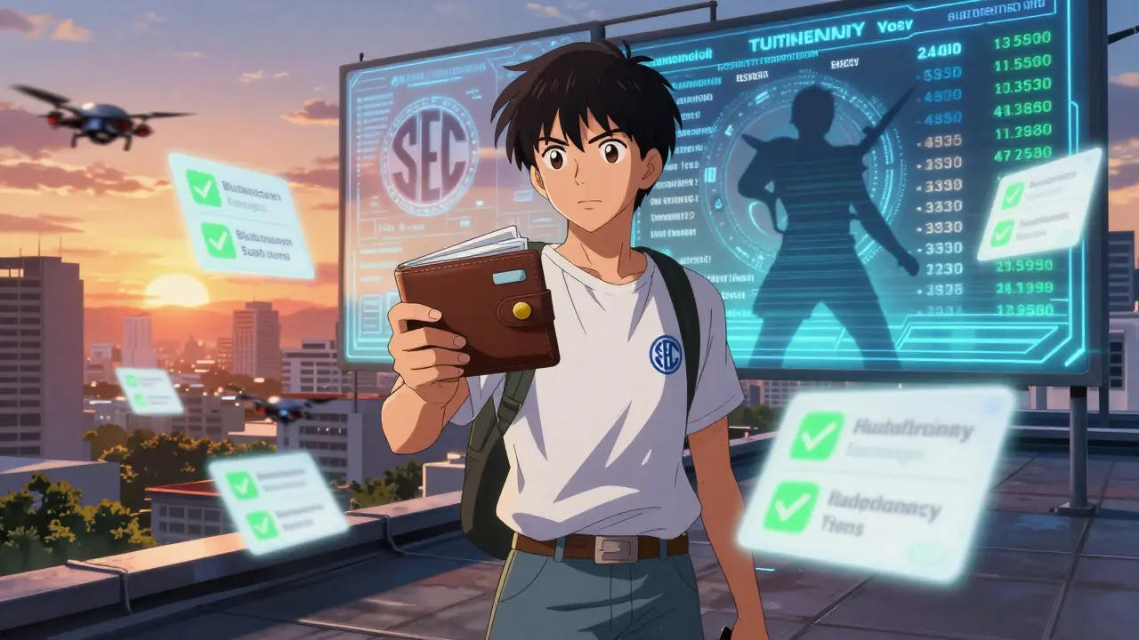 Un jeune Thaïlandais tenant un portefeuille crypto, entouré de signaux d'alerte et de plateformes locales approuvées.