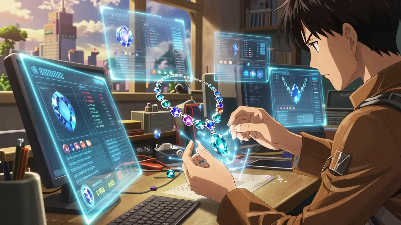 Un joueur crée un collier NFT dans un atelier numérique, des gemmes flottent autour de lui avec des données blockchain.