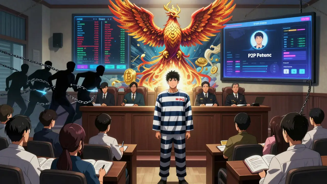 Un opérateur illégal en procès, entouré d'influenceurs arrêtés, avec des jetons d'État qui montent en arrière-plan.