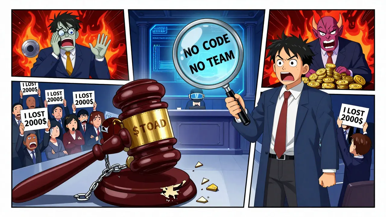 Un procès dans le cybermonde où $TOAD est jugé pour absence de code, d'équipe et de liquidité, devant des investisseurs désespérés.