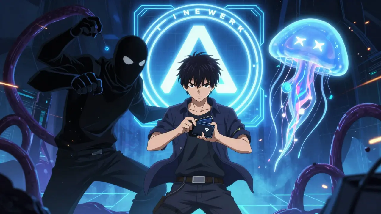 Un protagoniste protège son portefeuille contre un escroc numérique, tandis qu’un NFT méduse brille comme symbole de sécurité.