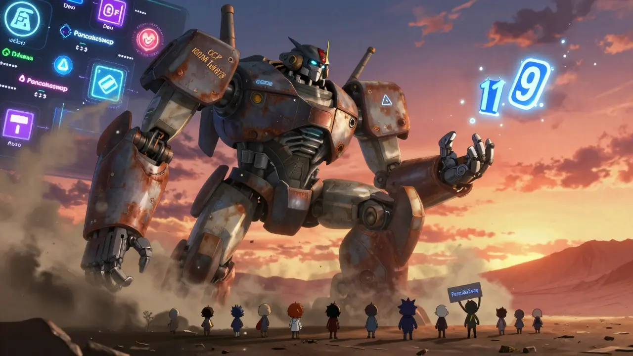 Un robot géant OCP en décomposition libère des jetons qui s'envolent comme des lucioles.