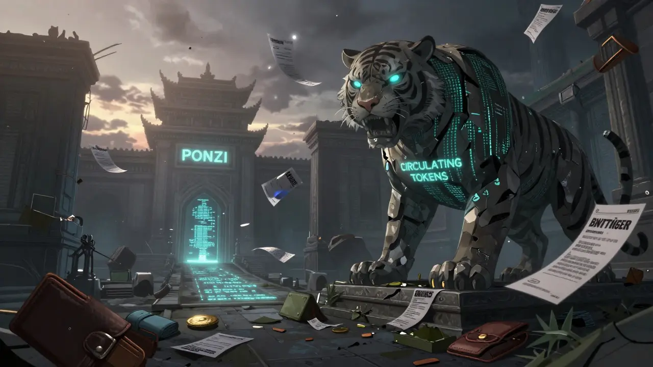Un temple numérique détruit avec une statue de tigre en code, un avertissement 'PONZI' clignote au loin.