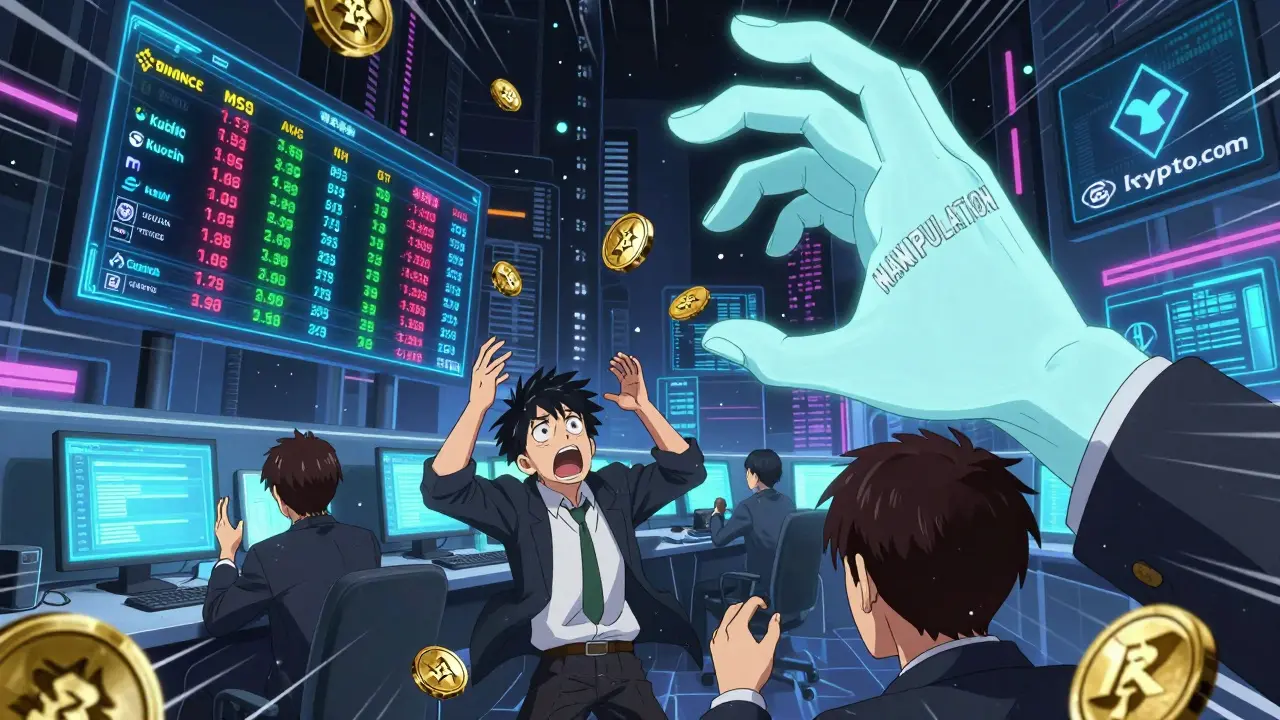 Un trader désespéré dans une salle de trading néon, entouré de prix contradictoires et d'une main fantomatique.