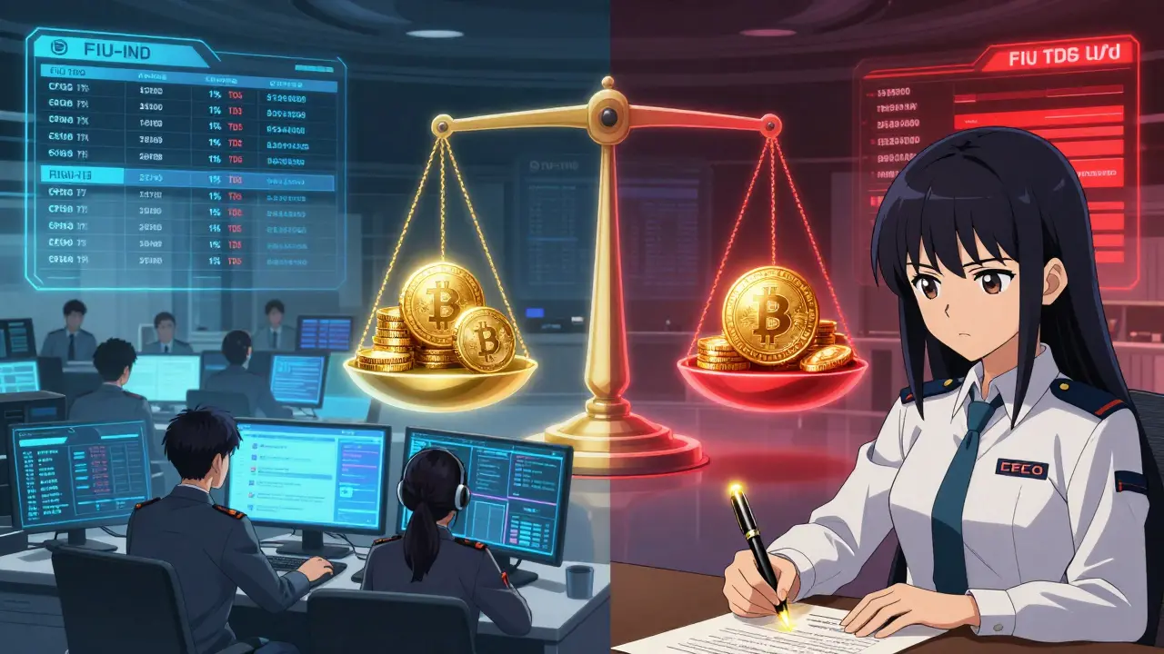 Une équipe dans un bureau FIU-IND surveillant des transactions crypto avec des effets de taxe en temps réel.