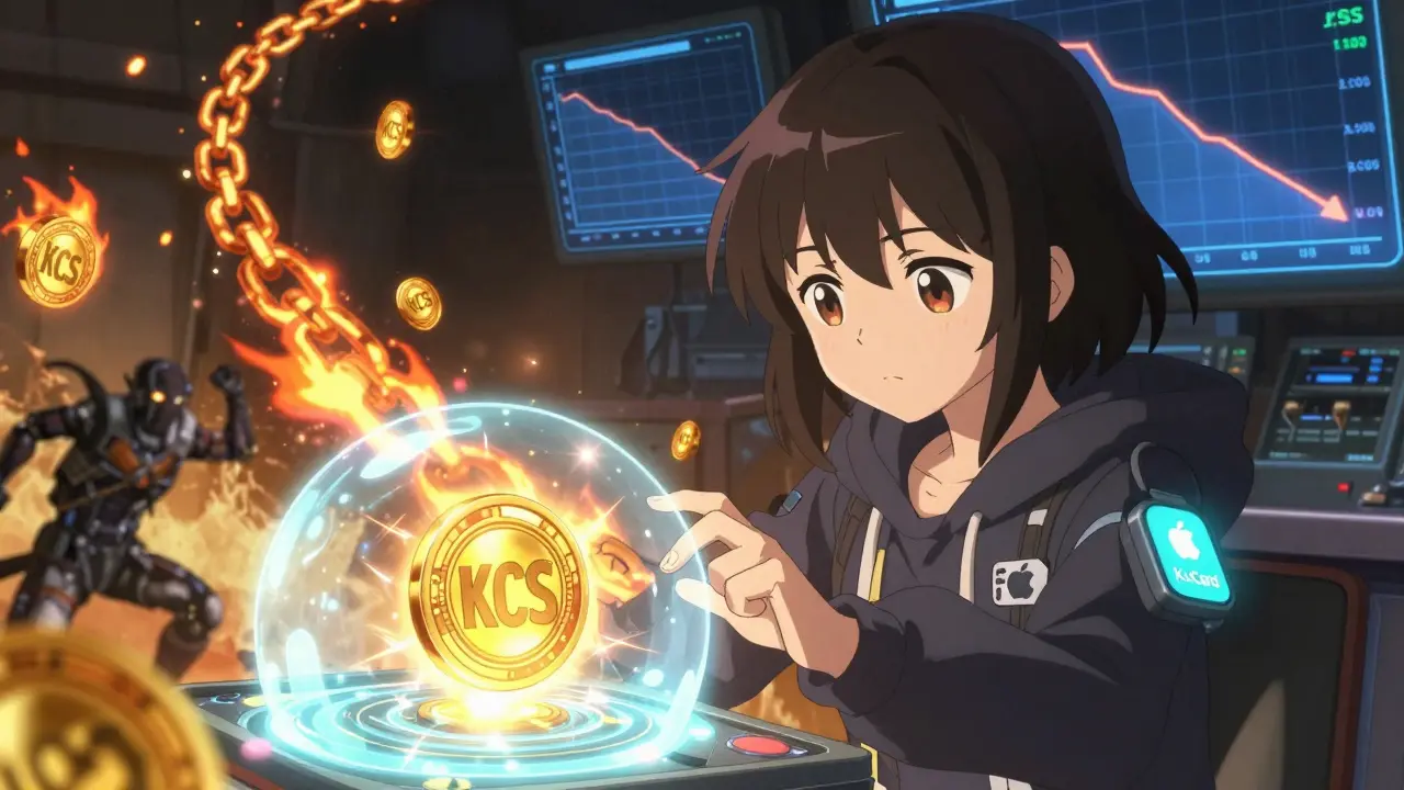 Une jeune fille protégée par un bouclier KCS alors que des jetons brûlent en spirale derrière elle.
