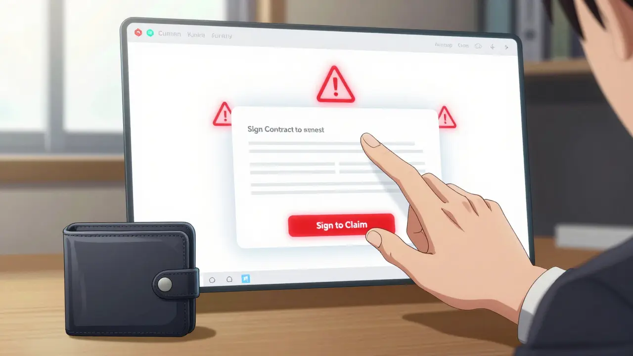 Une main hésitant au-dessus d'un contrat intelligent dangereux, avec un portefeuille vide en sécurité à côté.