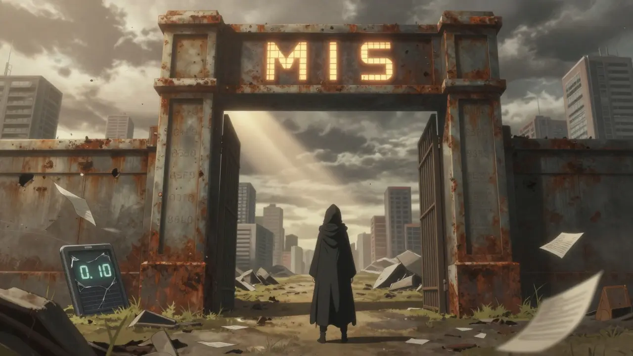 Une silhouette devant une porte blockchain avec 938 noms, dans un paysage désolé de projets oubliés.