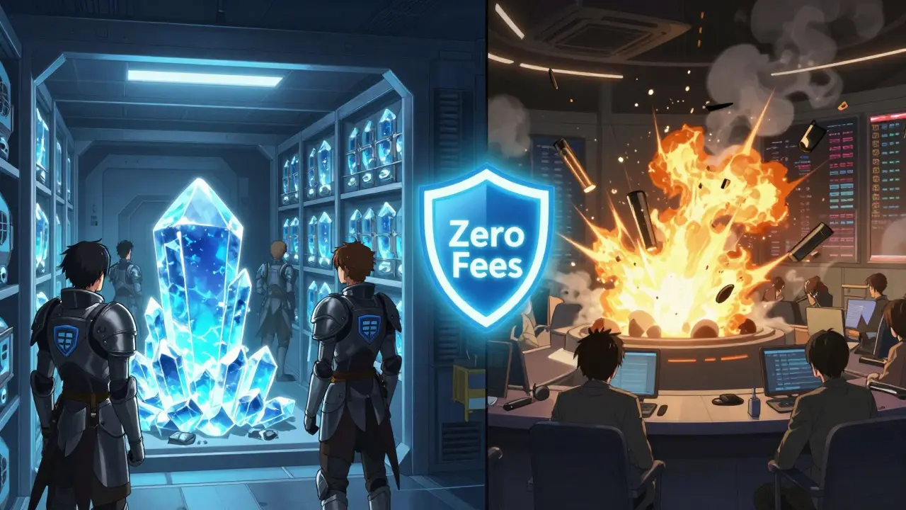 Vue contrastée d'une vault sécurisée contre un marché chaotique, avec le logo Blocktrade au centre.