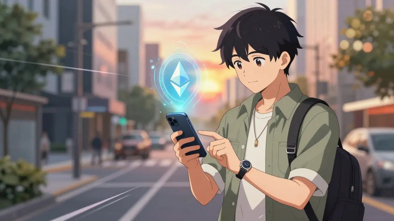 Acheteur scanne produit de luxe avec smartphone, révélant sceau holographique sur Ethereum