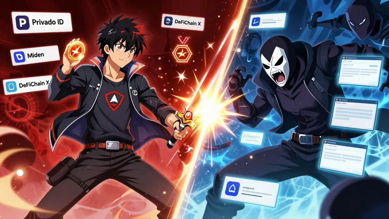 Bataille entre un héros portant le logo Polygon et un vilain masqué 'POLYS', avec des projets vérifiés en arrière-plan.