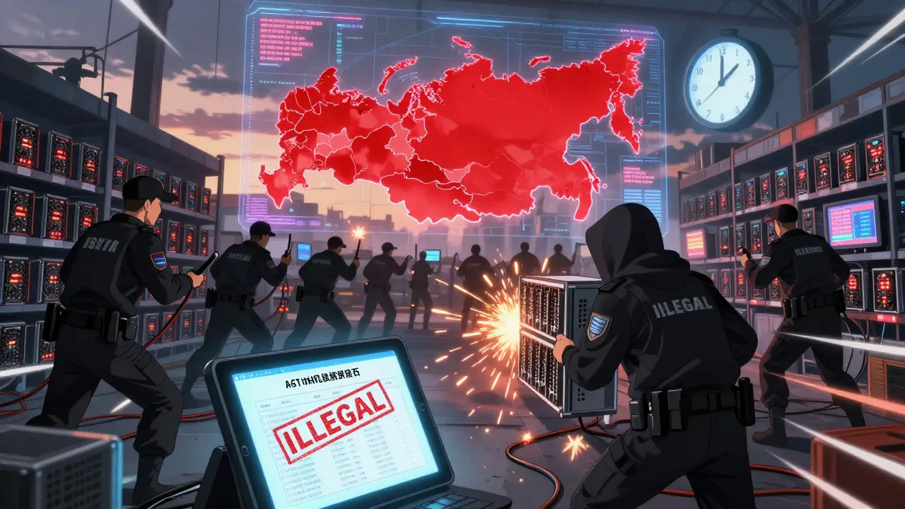 Des agents saisissent des rigs illégaux dans un entrepôt, des écrans clignotent en rouge, une carte de la Russie montre les zones interdites.