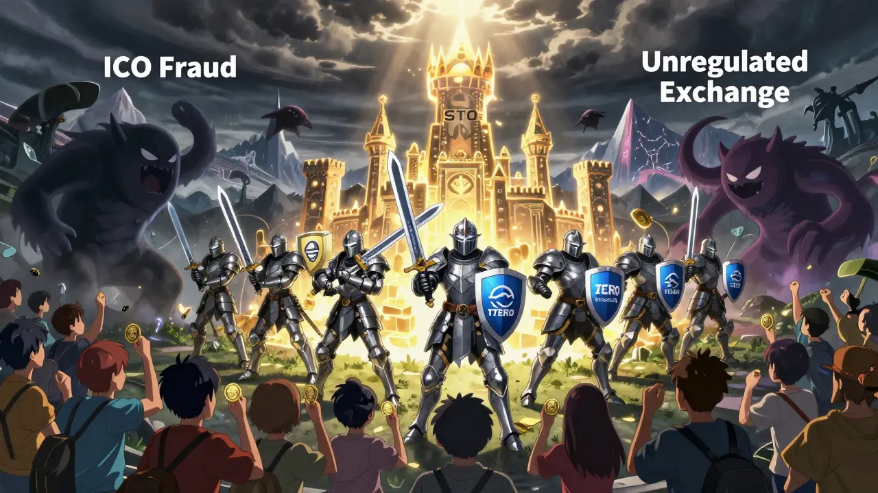 Des chevaliers STO combattent des créatures de fraude sur un champ de bataille blockchain, protégeant des investisseurs.