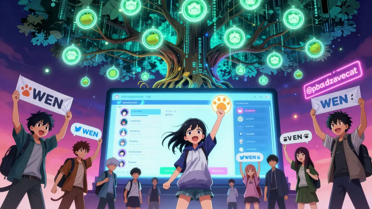 Des personnages votent sous une arbre numérique portant des jetons WEN et des affiches de chats.