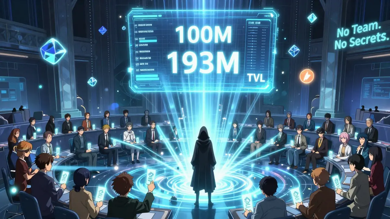 Des utilisateurs votent dans une arène numérique géante, des cristaux veBLACK flottent autour d'eux tandis que le TVL explose en chiffres lumineux.