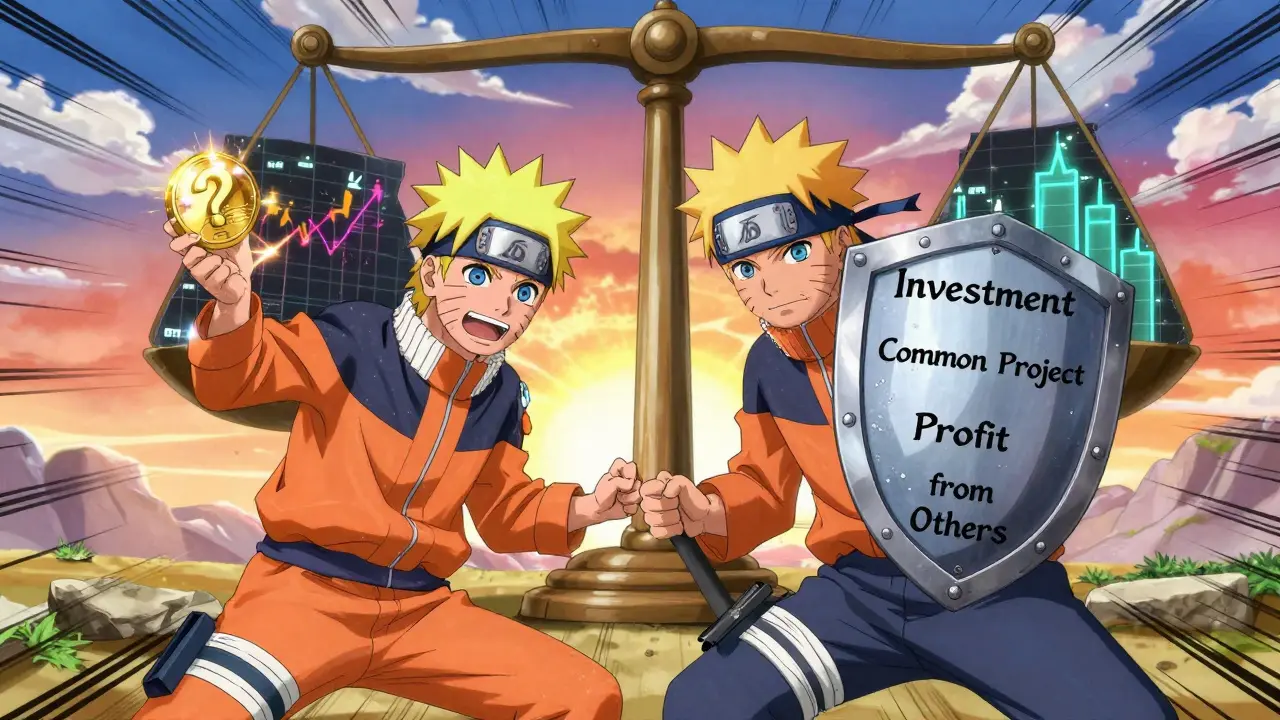 Deux personnages s'affrontent autour du test Howey et des tokens.