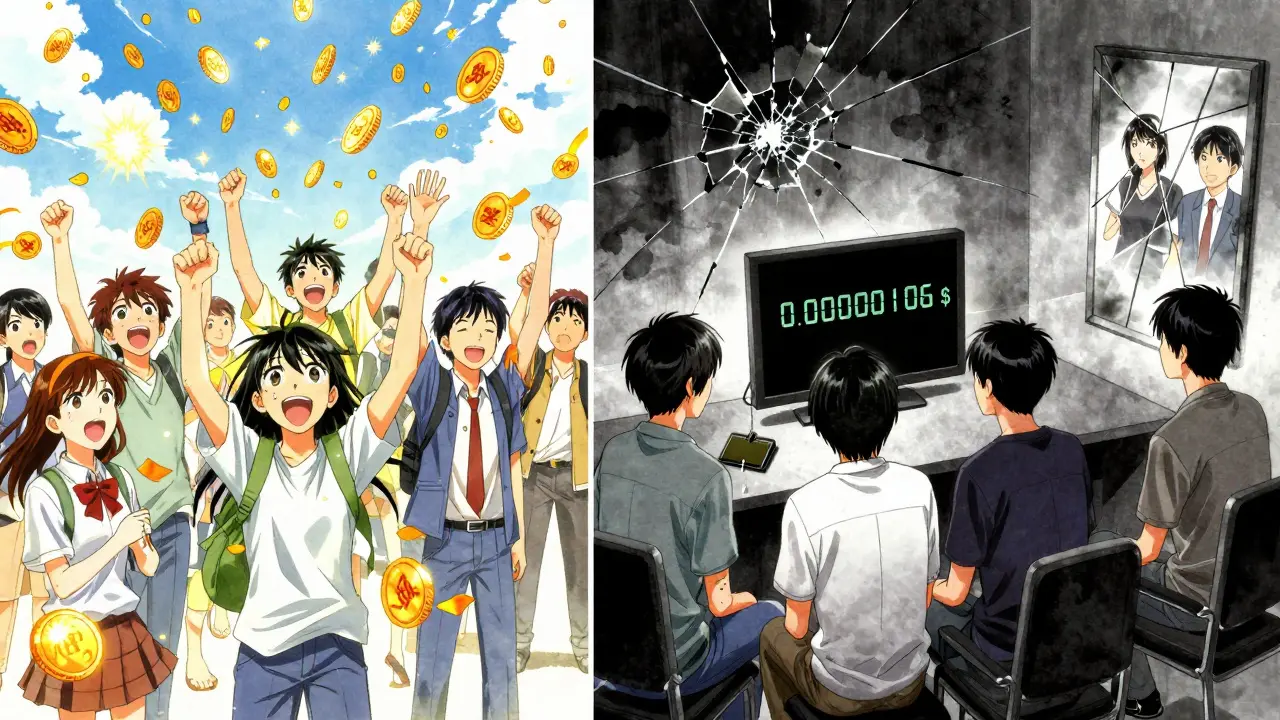 Deux scènes contrastées : une célébration crypto en 2021 et un silence désespéré en 2026, avec une larme sur un portefeuille vide.