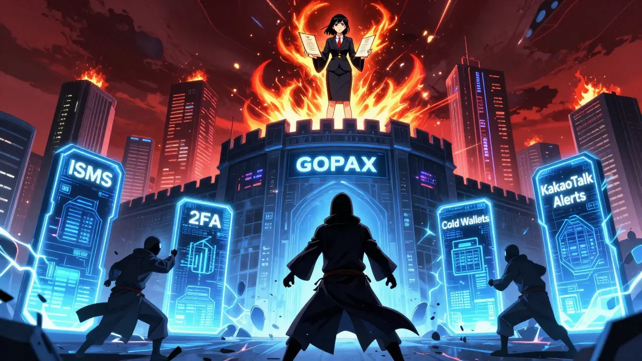 Hacker attaquant une forteresse numérique GOPAX repoussé par quatre barrières de sécurité et une dirigeante en kimono.