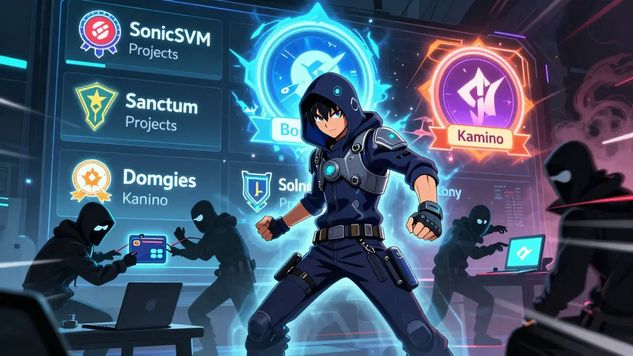 Héros vérifiant des projets Solana légitimes tandis que des escrocs tentent de voler des portefeuilles numériques dans un style anime dynamique.