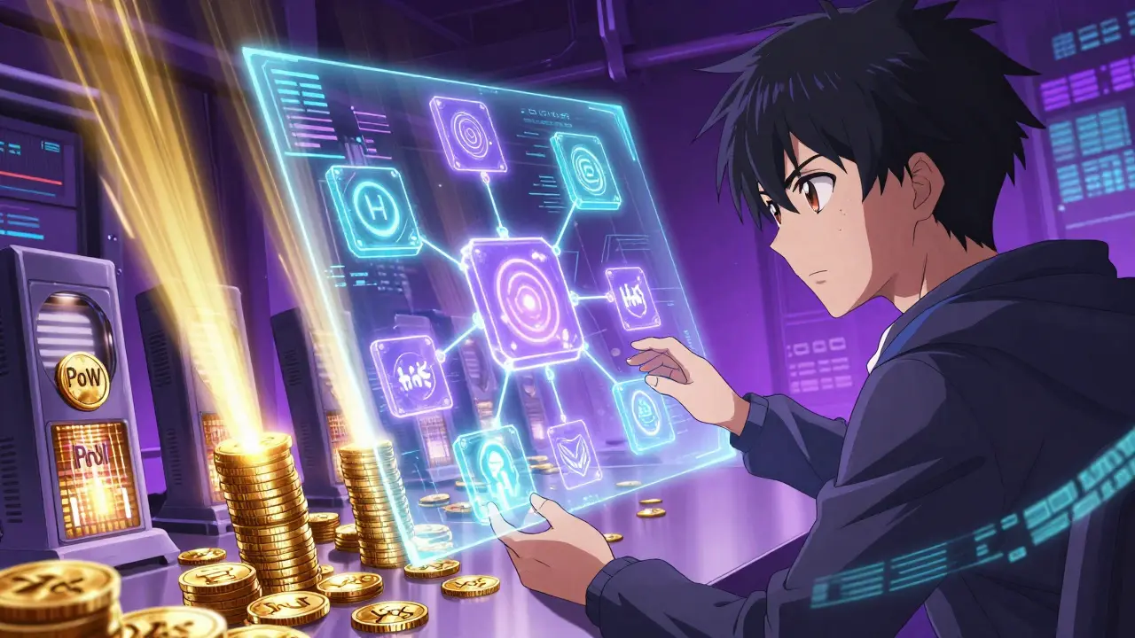 Hologramme de blocs blockchain vérifiés par mécanismes de consensus, énergie lumineuse, scène high-tech.