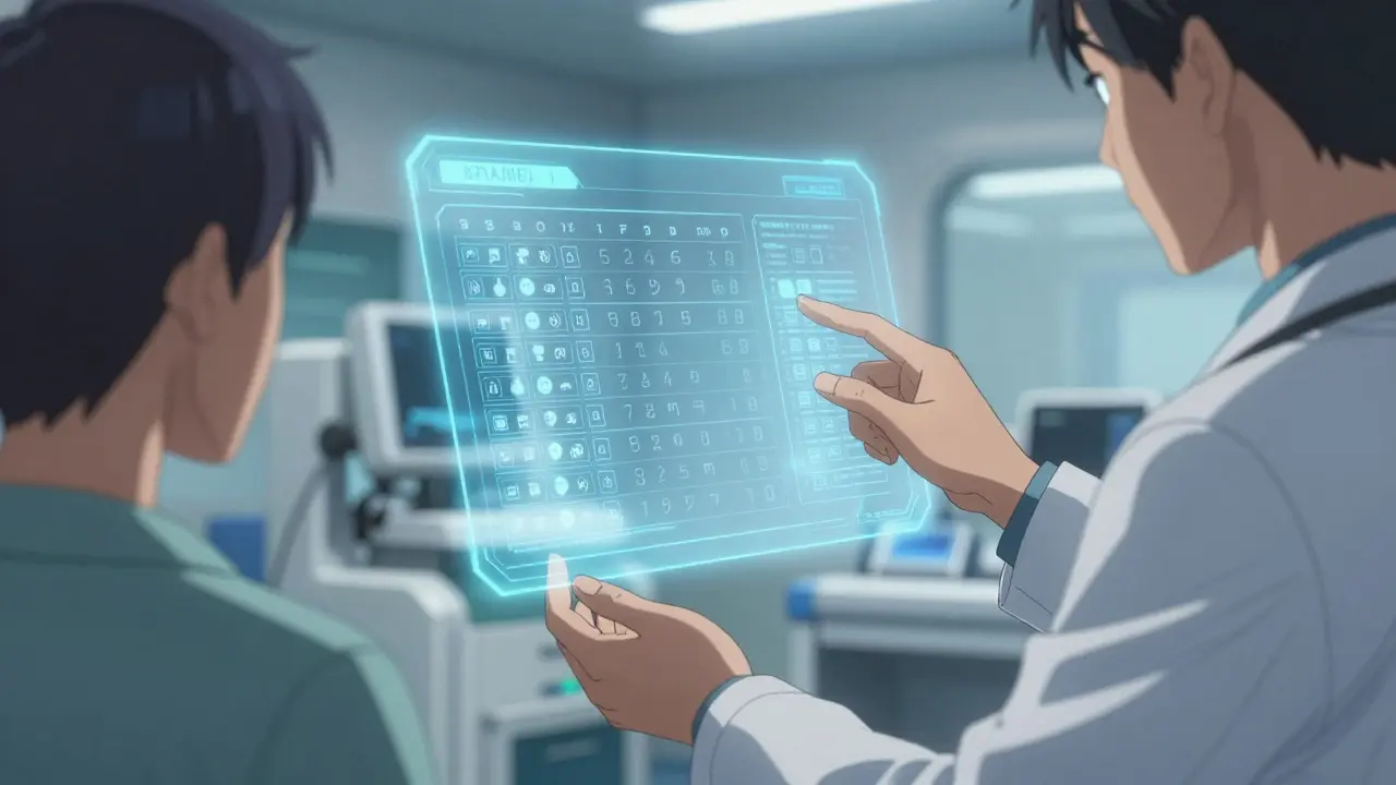 Médecin examinant un dossier médical sécurisé via une interface blockchain holographique dans un hôpital futuriste.