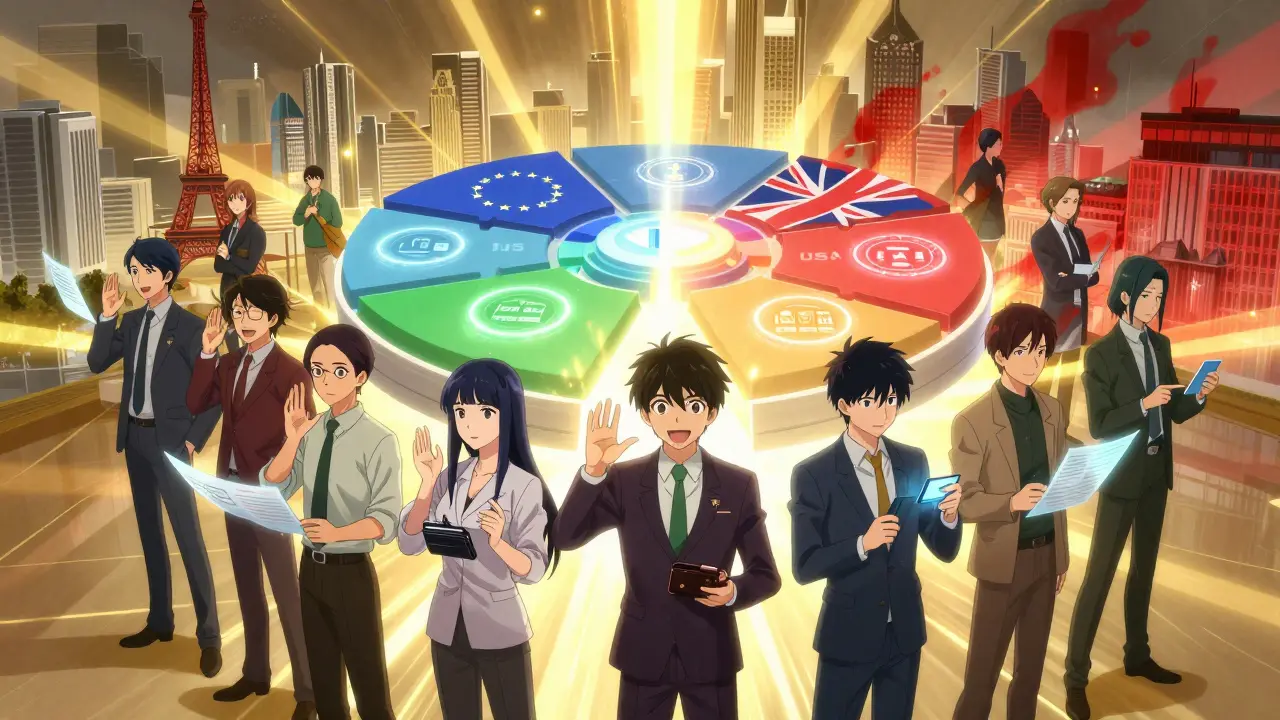 Personnages activant un système d'authentification AI avec des écrans holographiques montrant les réglementations UE, US et UK.