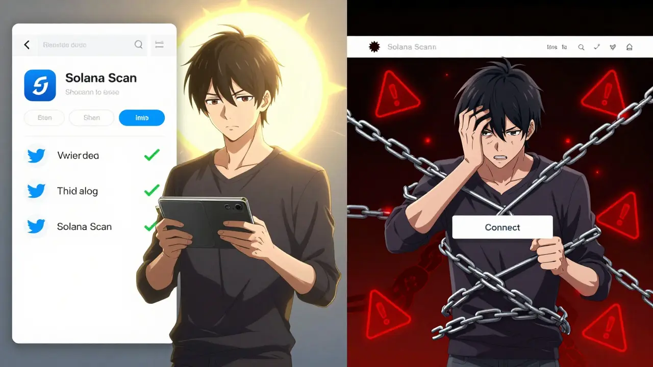 Scène divisée : d'un côté, vérification sécurisée d'un airdrop ; de l'autre, connexion dangereuse à un site frauduleux avec des chaînes numériques.