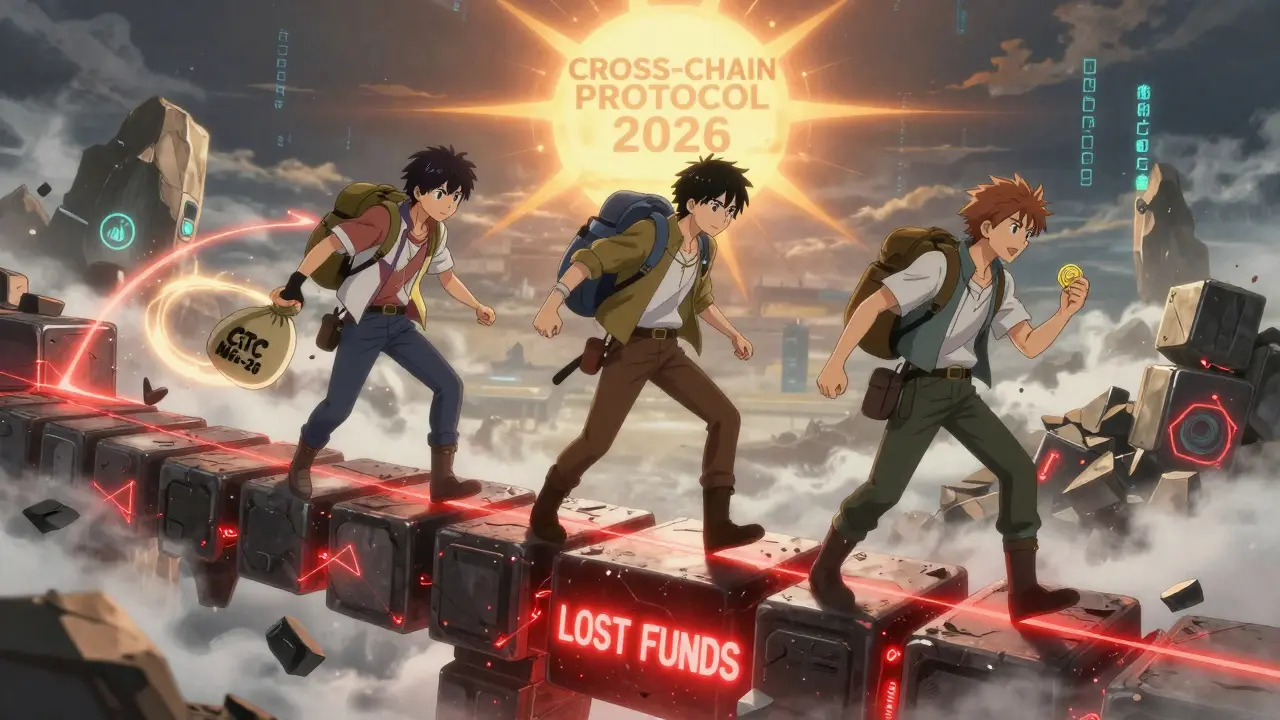 Trois aventuriers traversent un pont en blocs blockchain, un jeton CTC ERC-20 et un autre natif, sous un soleil annonçant le protocole cross-chain de 2026.