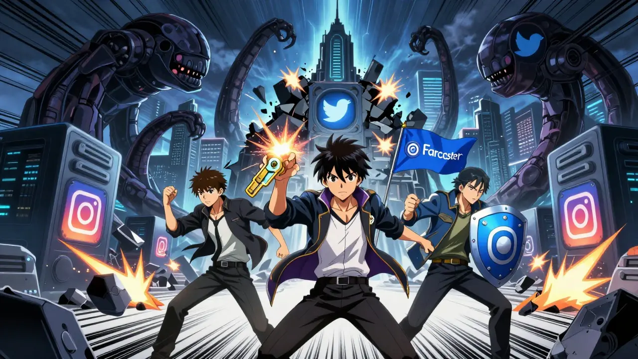 Trois héros combattent des algorithmes corrompus devant un empire des réseaux sociaux en ruines.