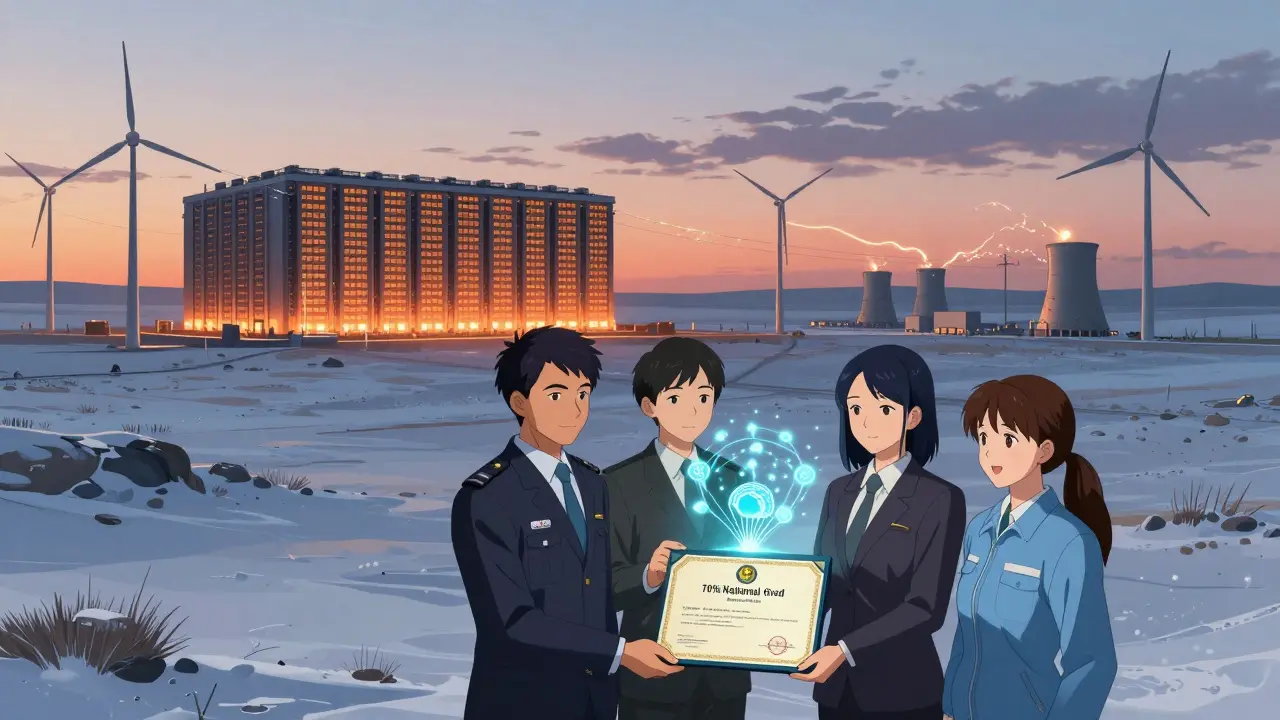 Un centre de données sur la steppe kazakhe alimenté par l'énergie nationale, avec des employés tenant une licence symbolique.