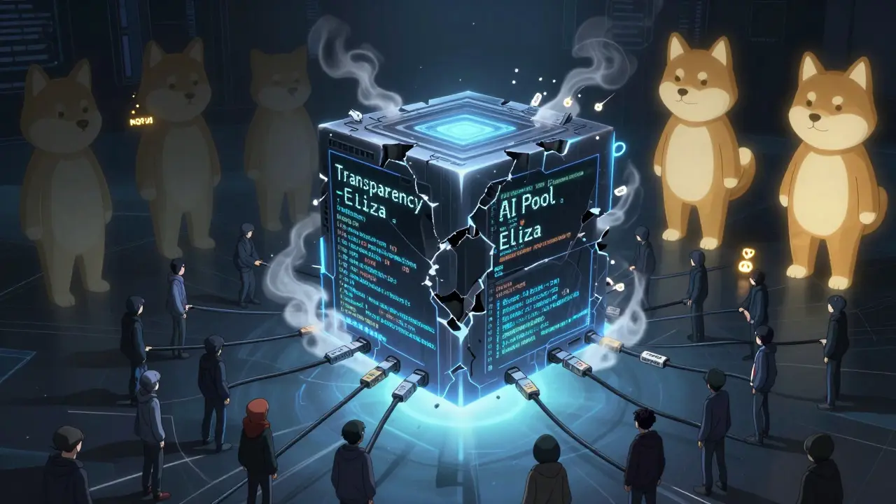 Un cœur d'IA fissuré émet des promesses brisées, tandis que Dogecoin et Shiba Inu brillent calmement à l'arrière-plan.