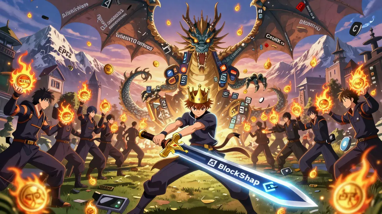 Un combat épique contre un dragon de faux sites, armé d'une épée de contrat intelligent, tandis que des joueurs lèvent des tokens.