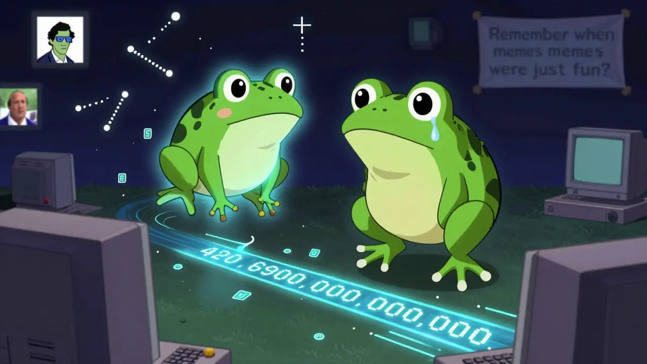 Un crapaud pixelisé flottant dans un paysage internet des années 2000, entouré de chiffres et de memes rétro.