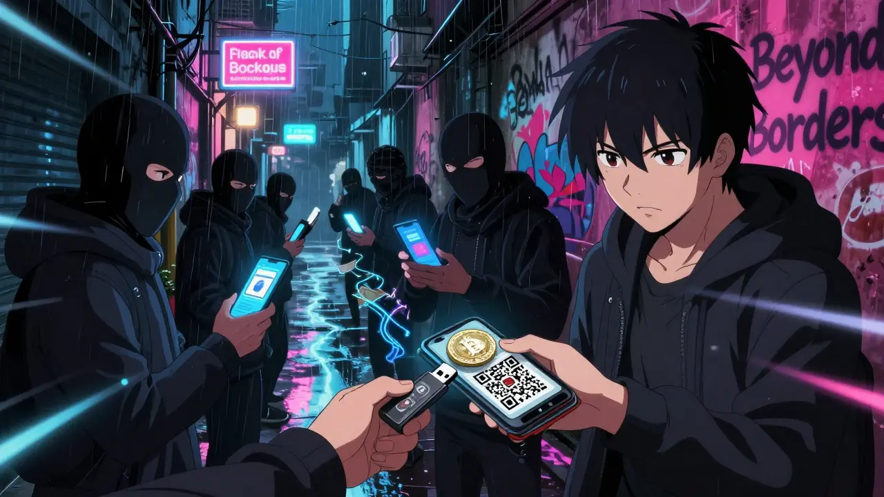 Un échange clandestin de crypto-monnaies dans une ruelle de Caire, avec des personnes masquées et des écrans numériques.