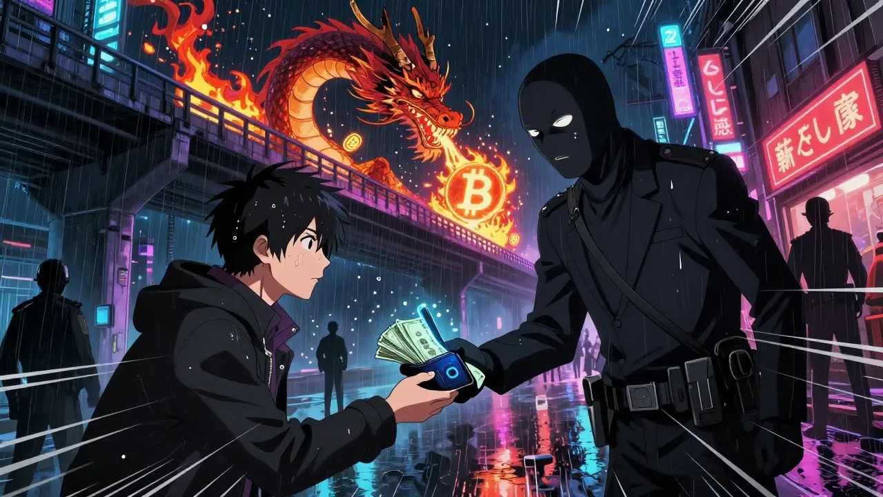 Un échange informel de crypto contre espèces sous un pont illuminé, avec un dragon numérique e-CNY au-dessus.