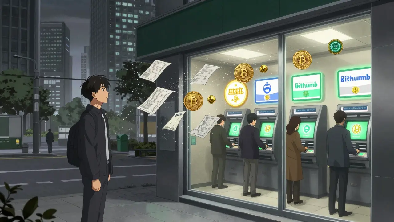 Un étranger bloqué à l'extérieur d'une banque coréenne, tandis que des Coréens utilisent librement les services crypto liés aux banques.