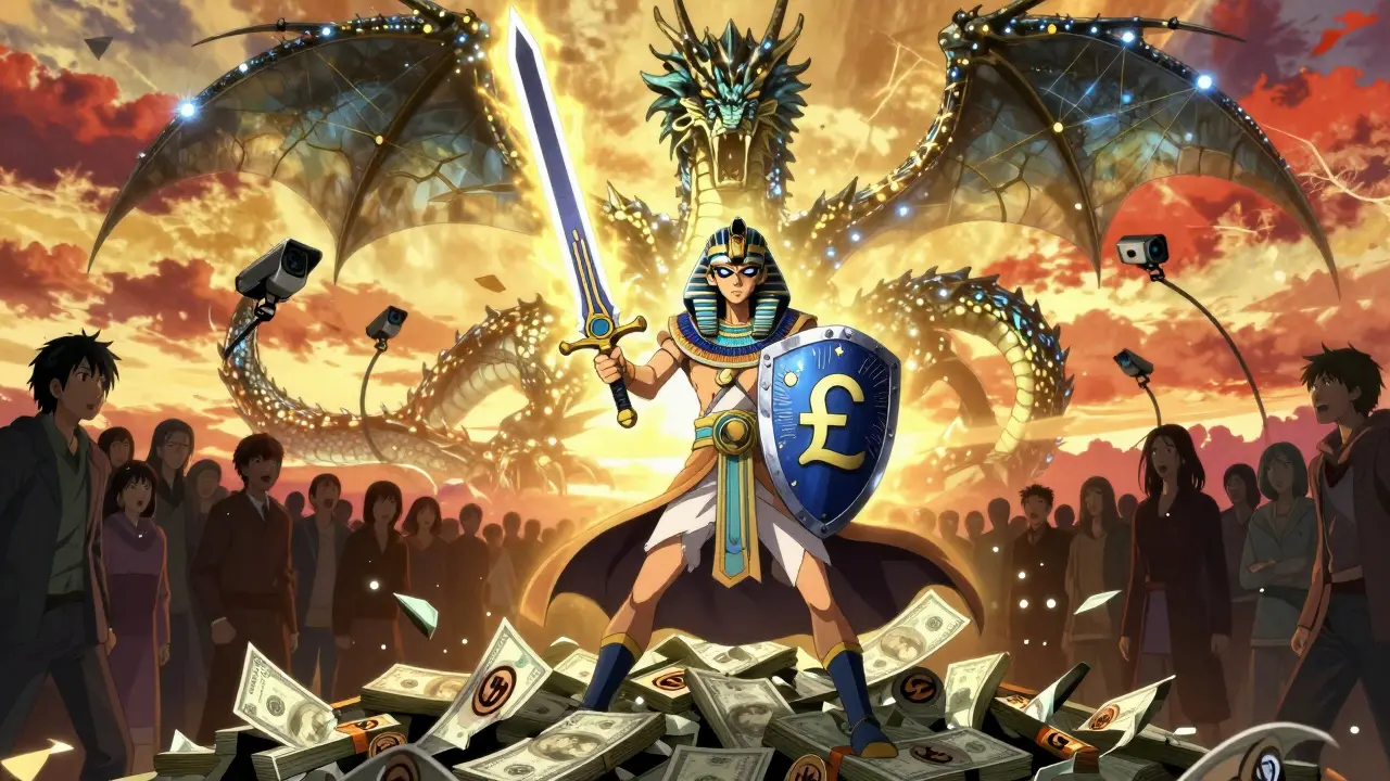 Un guerrier affronte un dragon de blockchain, symbole de la lutte entre la liberté financière et le contrôle étatique en Égypte.