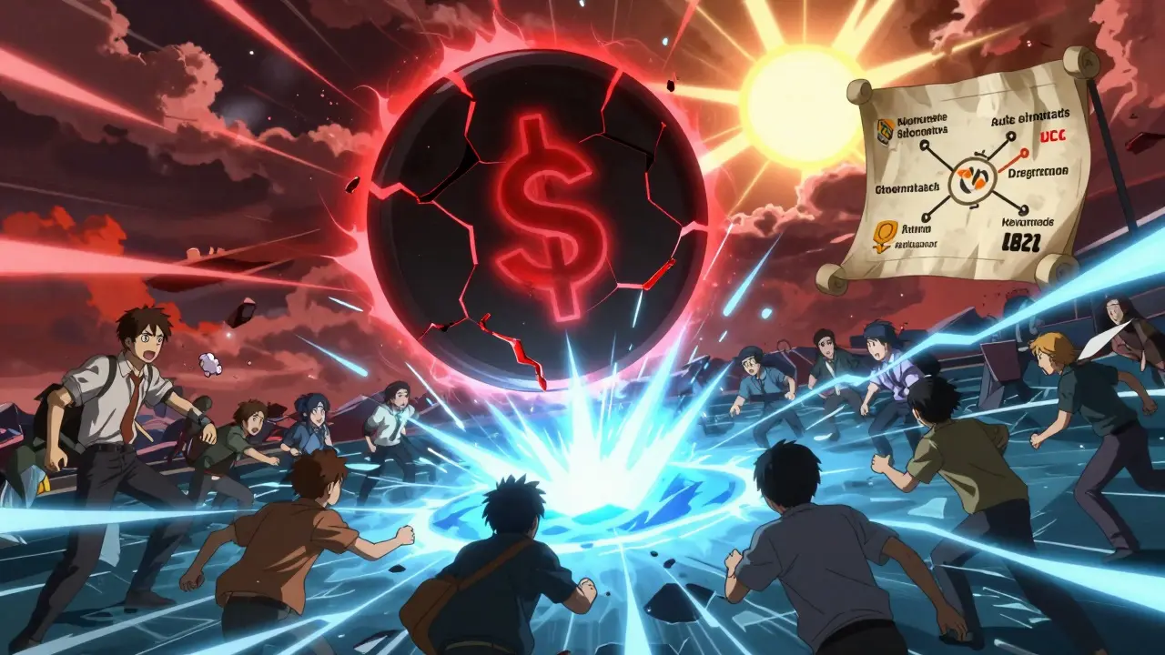 Un jeton BLACK fissuré menace de s'effondrer, tandis que des traders réagissent en ajoutant des liquidités, dans un ciel divisé entre peur et espoir.