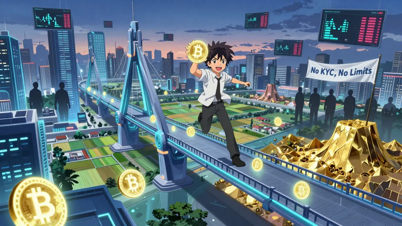 Un pont de jetons crypto relie une ville numérique à des actifs réels, symbole de la roadmap 2026 de BiFinance.